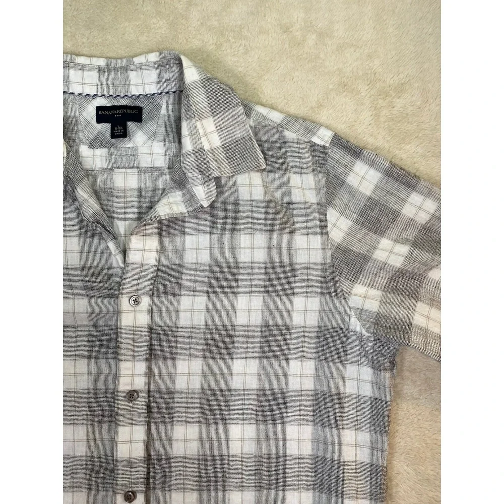 Banana Republic Mens Grey White Plaid Linen Cotton Button Down Shirt L 16-16.5